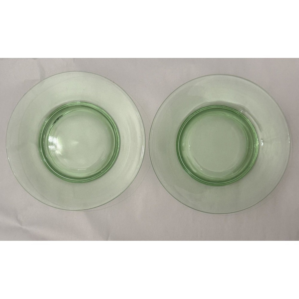 Set Of 2 Vintage 7.5" Saucers Green Depression Uranium Glass Glows